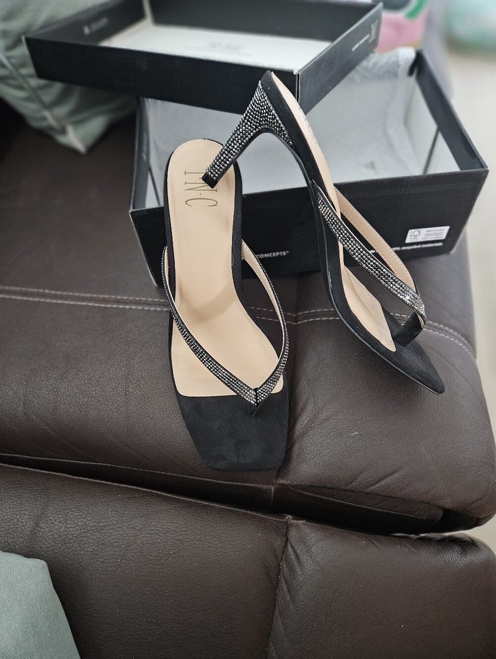 INC International Concepts Black Rhinestone Slingback Heels